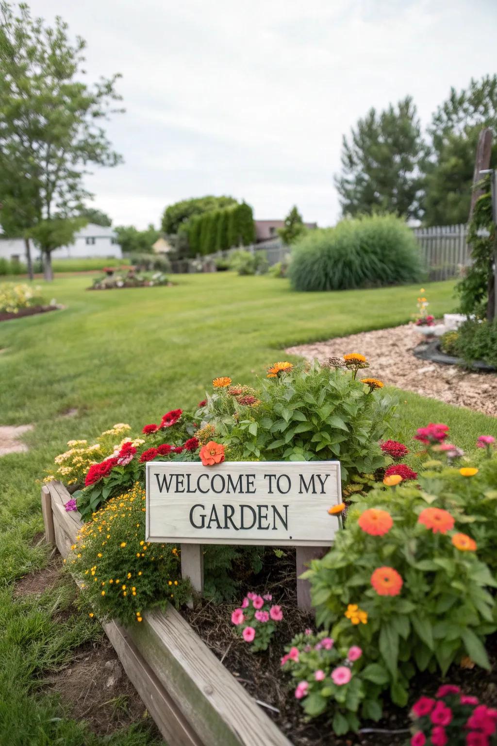 A backyard garden featuring a 'Welcome to My Garden' board near flower beds.