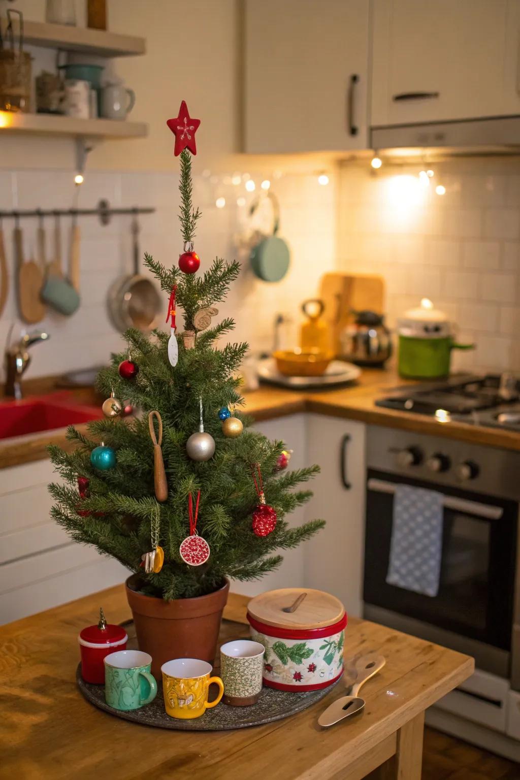A diminutive spruce channels celebratory mirth into the cooking space.