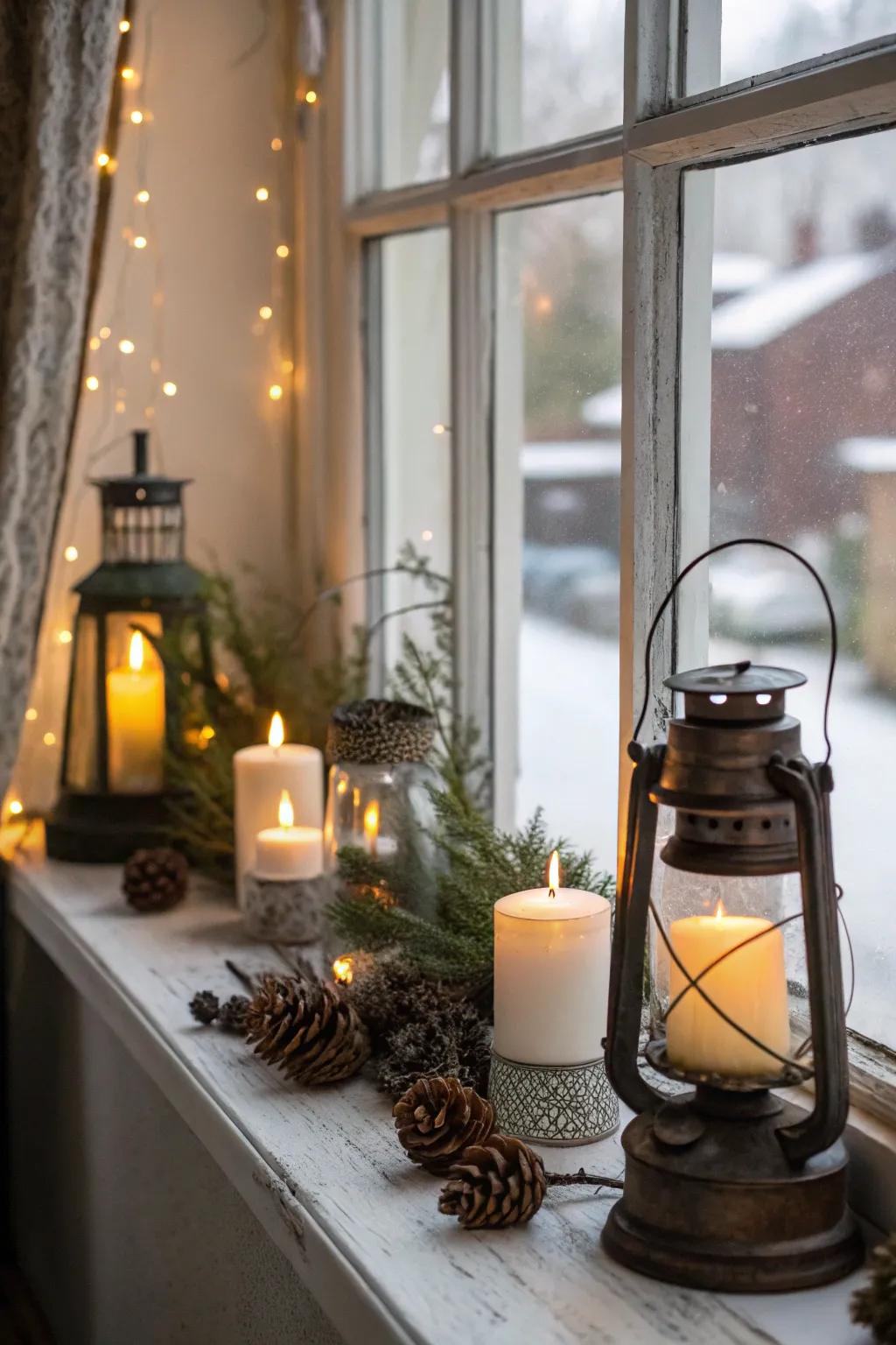 Vintage lanterns provide a nostalgic glow for your window display.