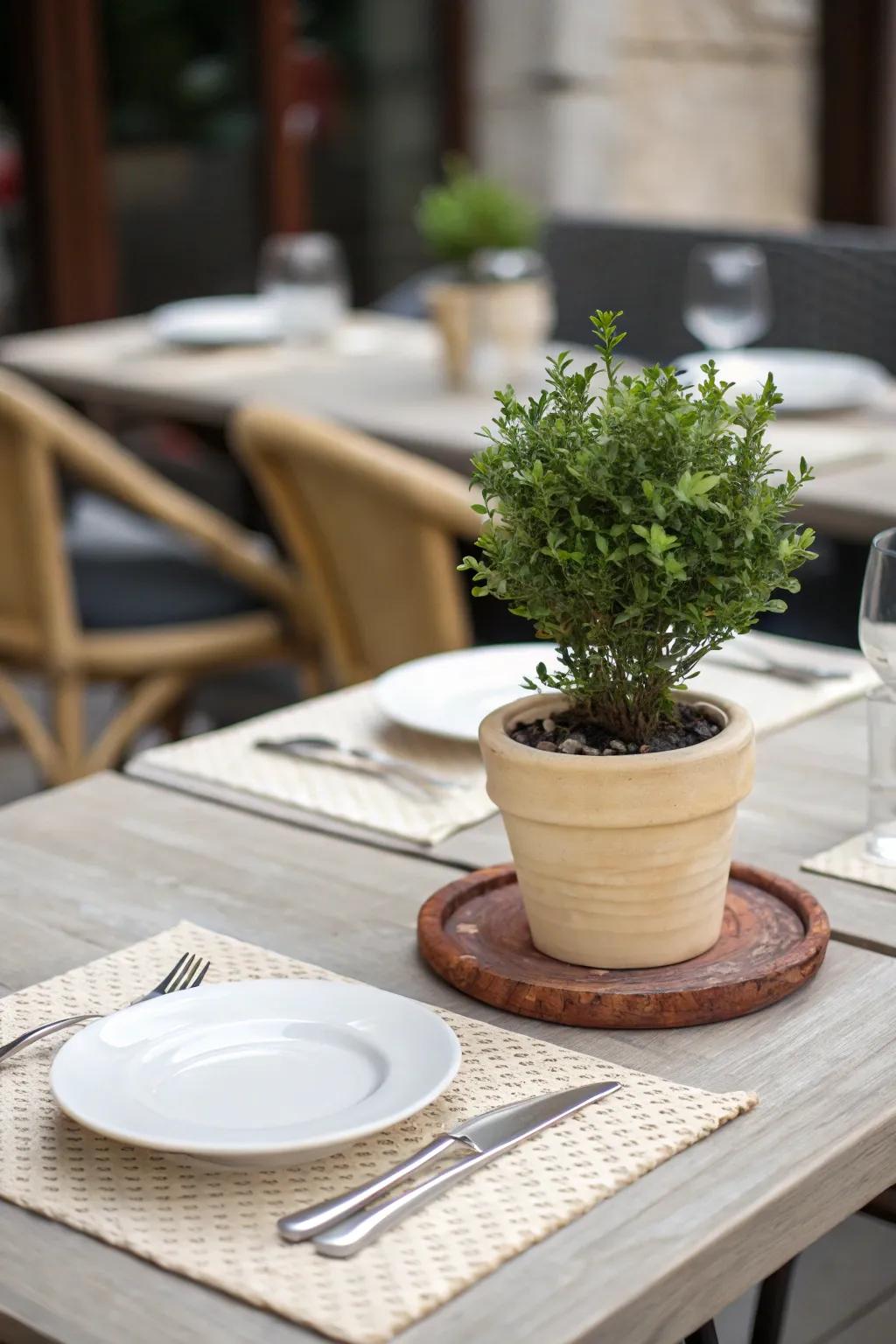 A live plant brings freshness to the table.