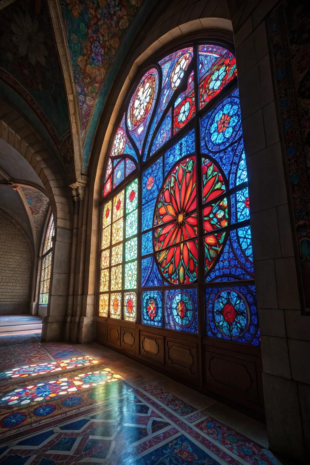 A stained-glass window with fractal designs casts a magical play of colors.