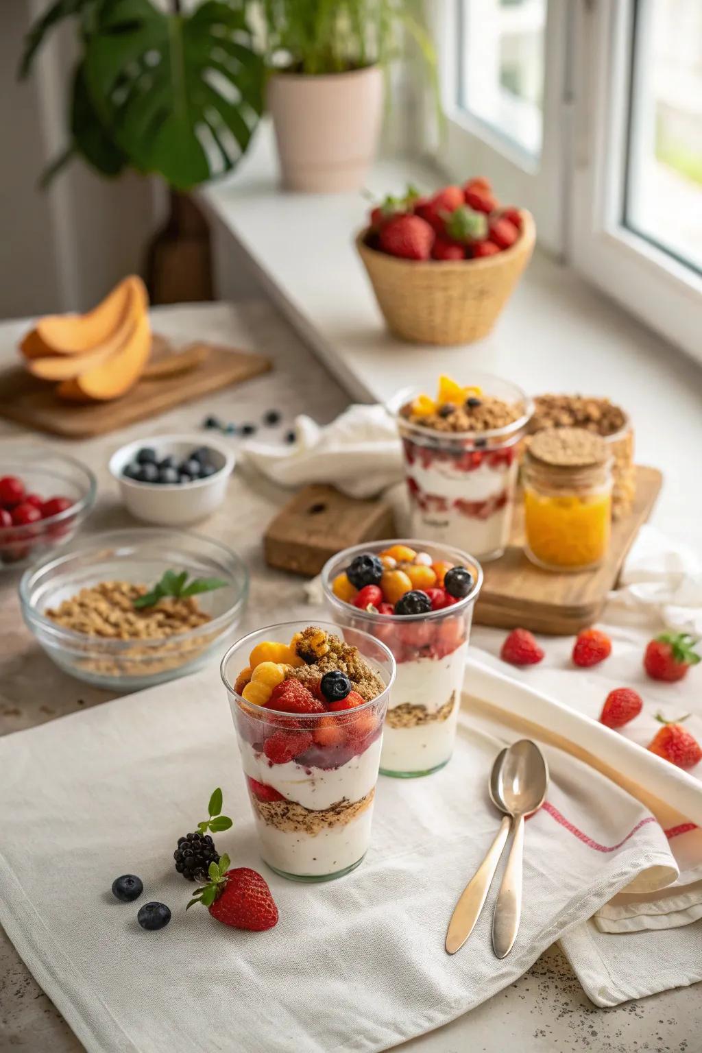 Vibrant tiered yogurt cups providing a wholesome and delightful alternative.