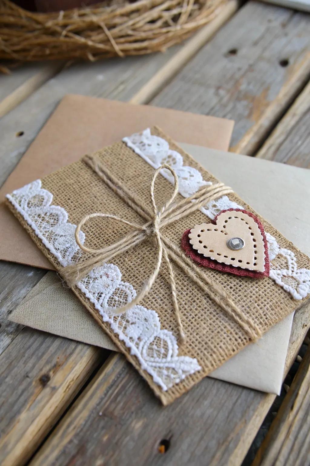 A charming rustic card with burlap and lace elements.