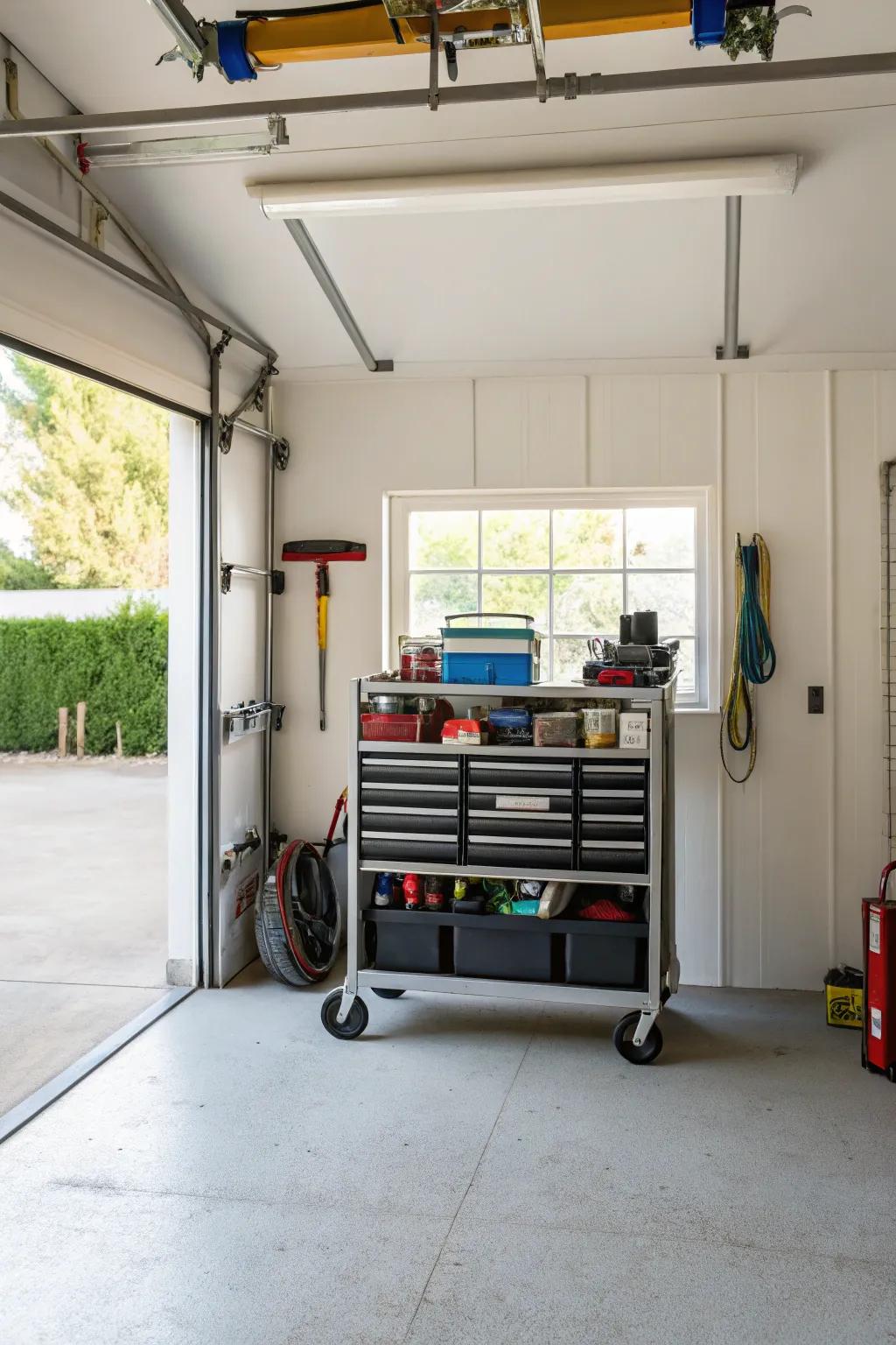 Rolling carts provide convenience and flexibility in the garage.