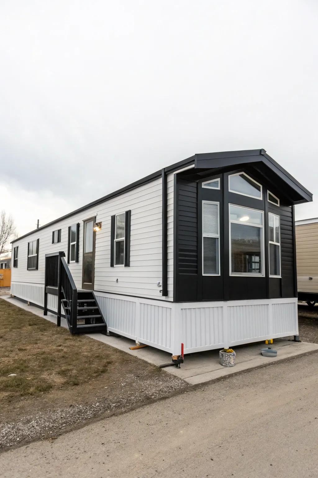 Sharp monochrome fashions a striking, modern aesthetic for your mobile home.