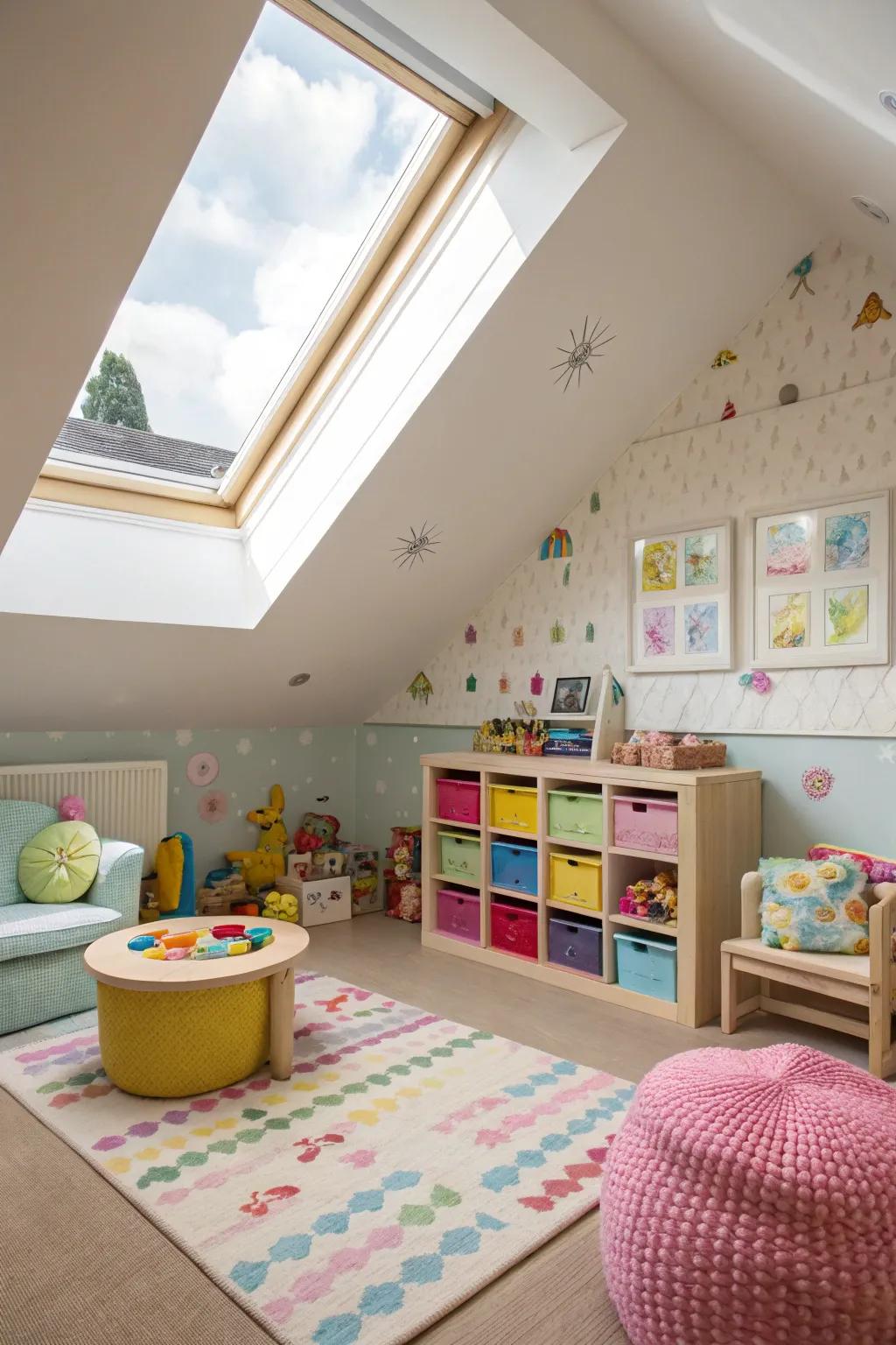 A child's playroom made magical by a skylight.