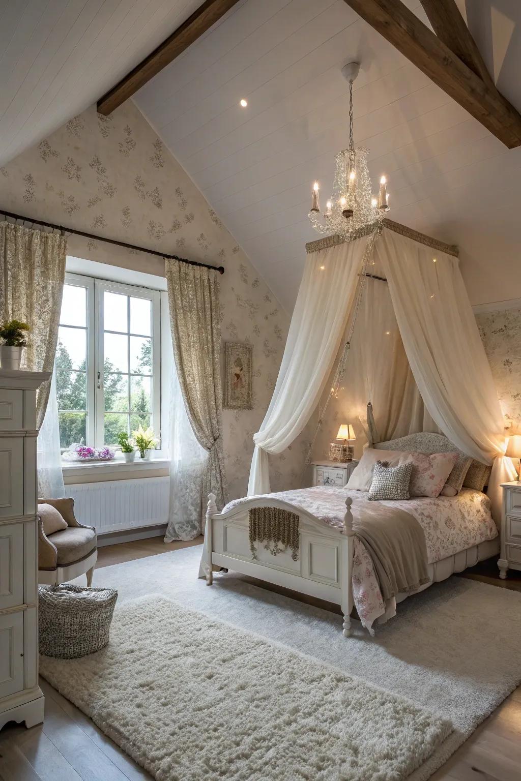 Drapes add softness and refinement to the attic bedroom.