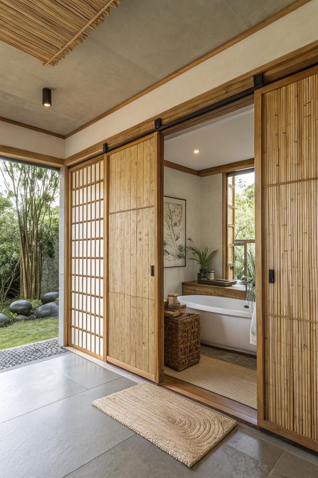 This bathroom has a tranquil, spa-like atmosphere thanks to the bamboo sliding doors.