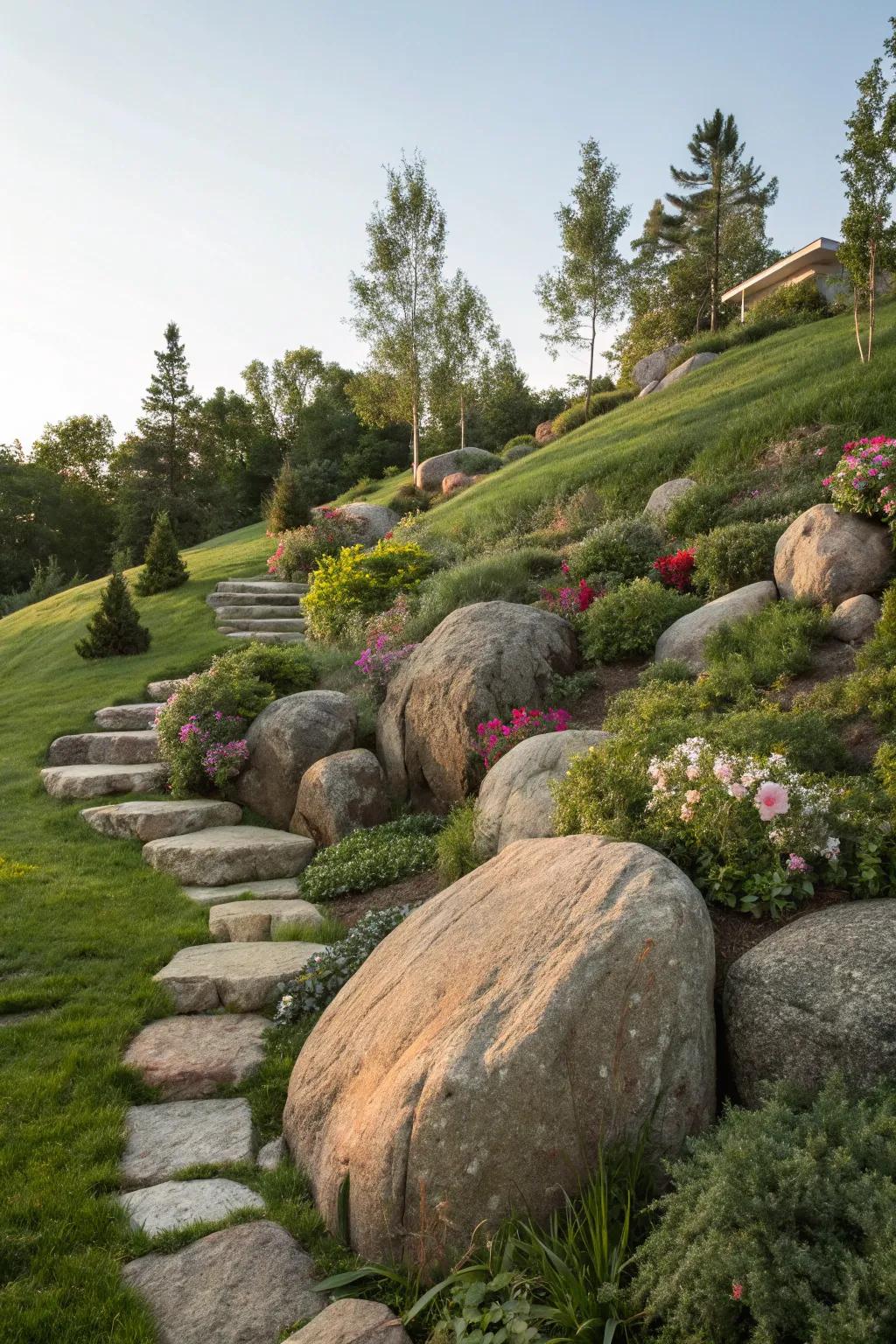 Boulders furnish stability and inherent charm to this slope.