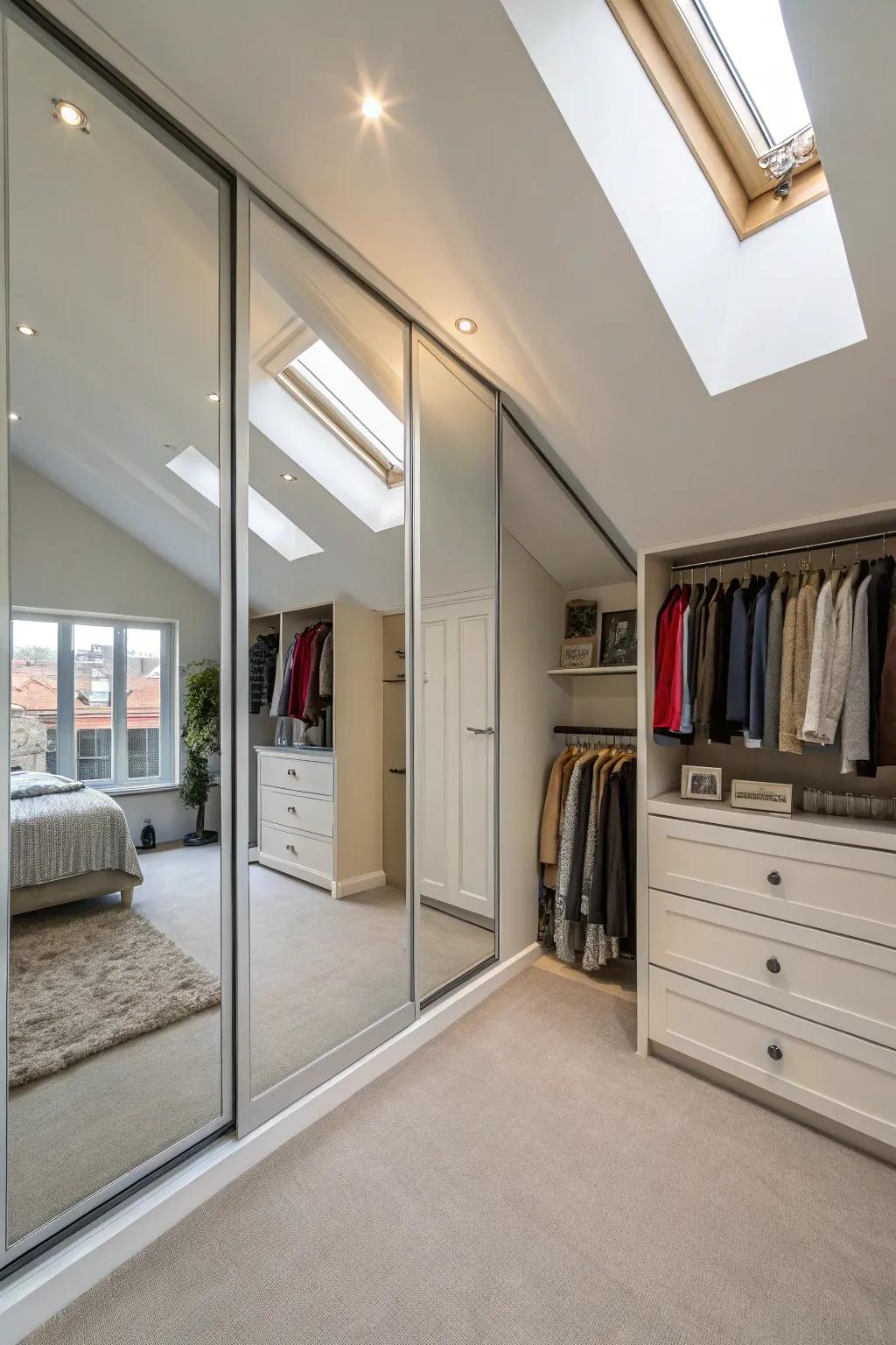 Mirrors enhance light and create the illusion of more area in your closet.