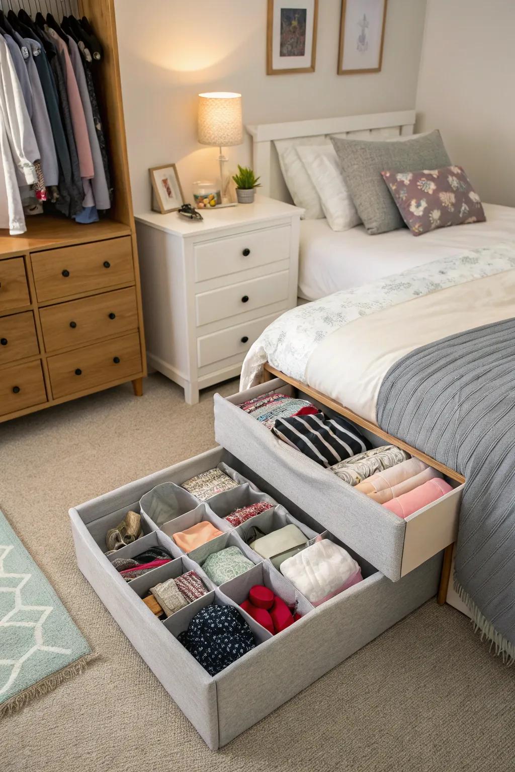 Under-bed organizers are perfect for keeping items out of sight.