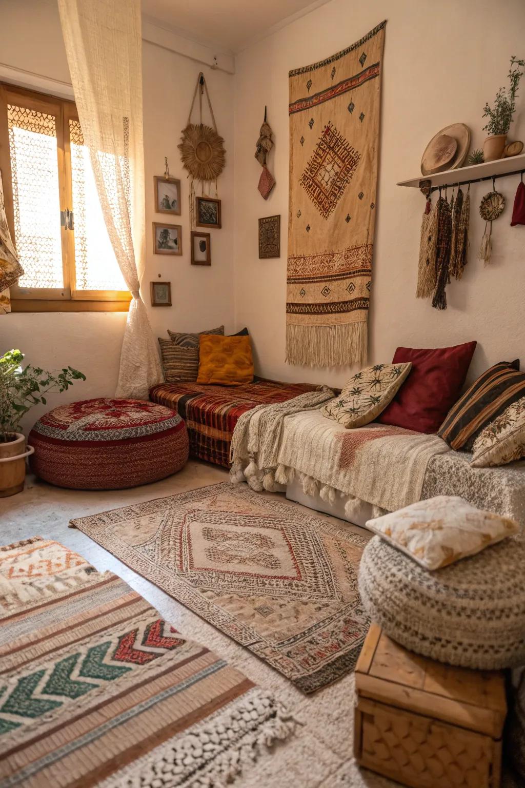 Arranged surface interests create depth and coziness in a compact space.