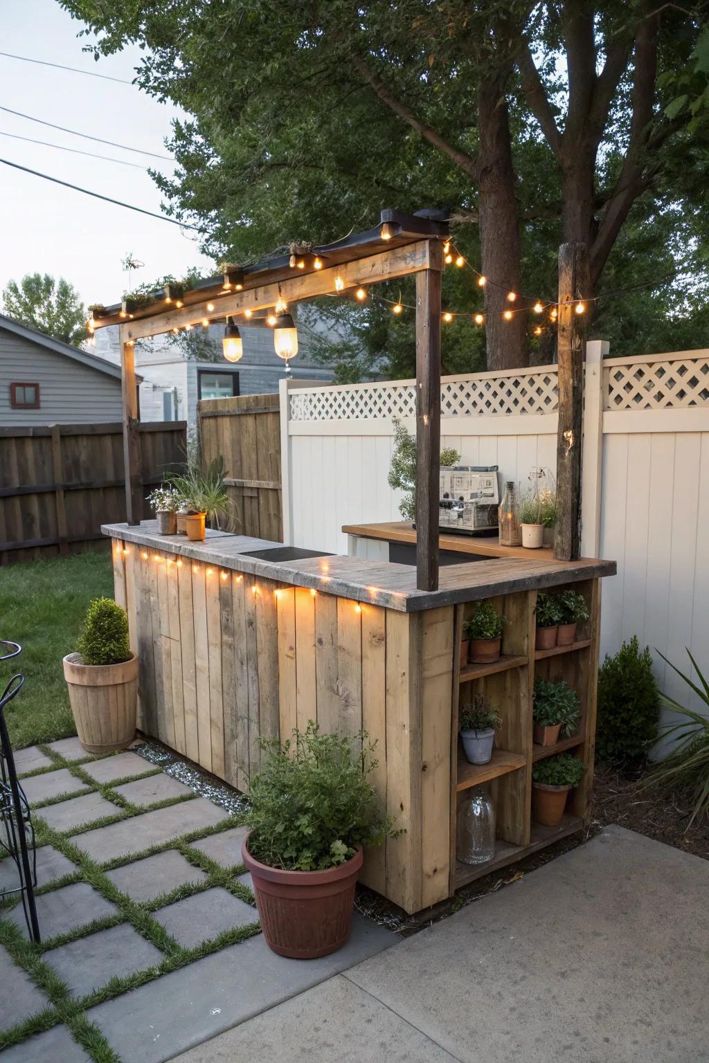 A rustic DIY outdoor bar adds character to a small patio.