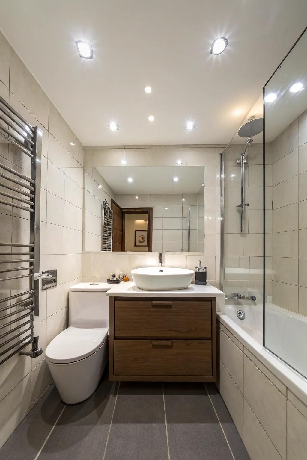 Spot lighting keeps your bathroom bright without clutter.