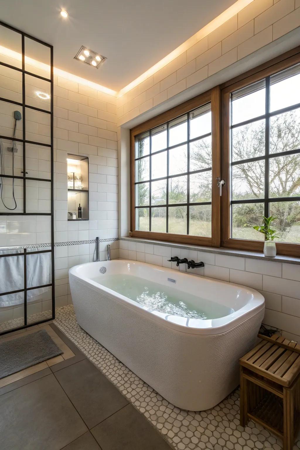 A see-through tub adds modern design and openness.