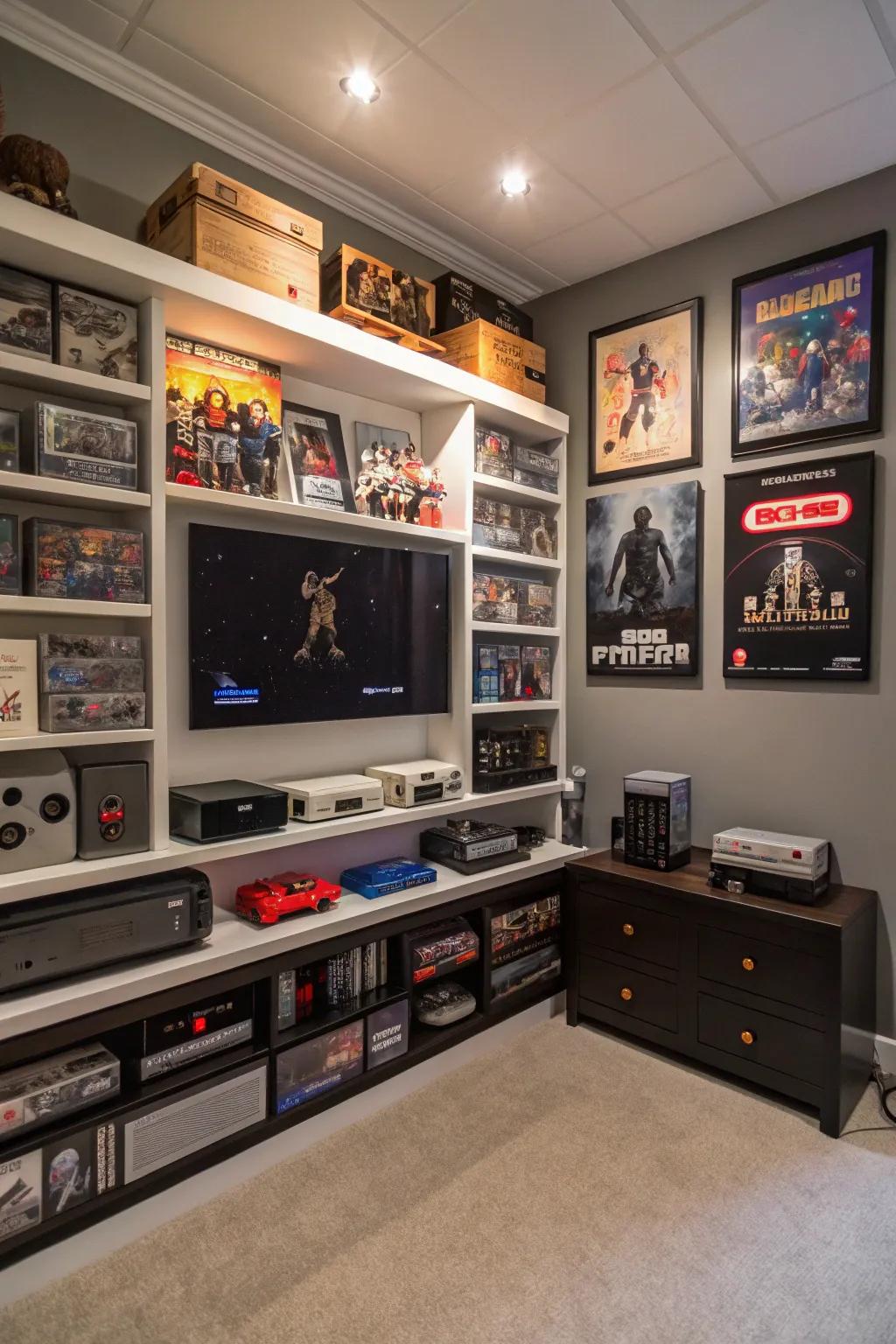 Custom shelving offers a stylish way to display your gaming treasures.