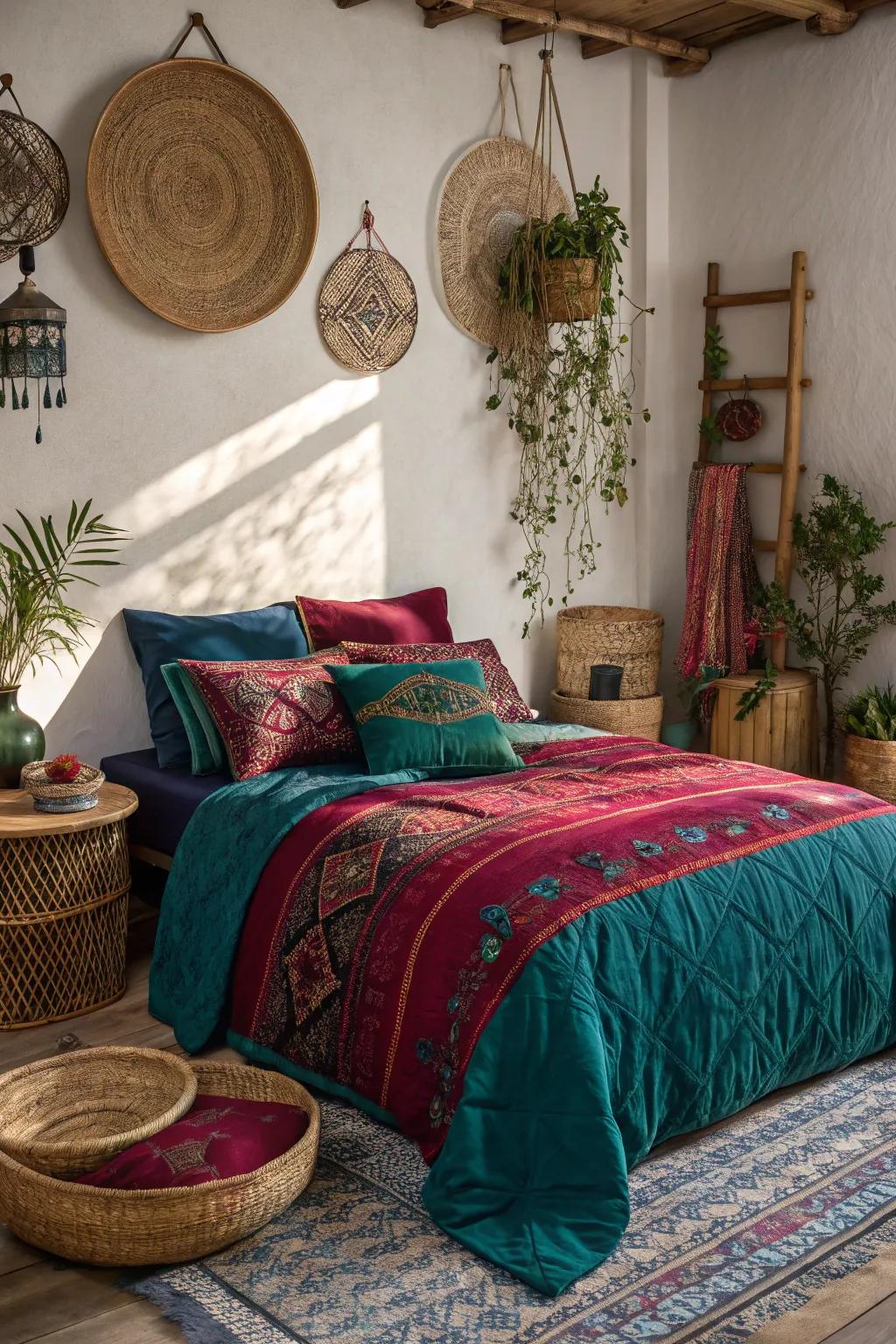 Colorful bedding renders the bed a focal point in this boho bedroom