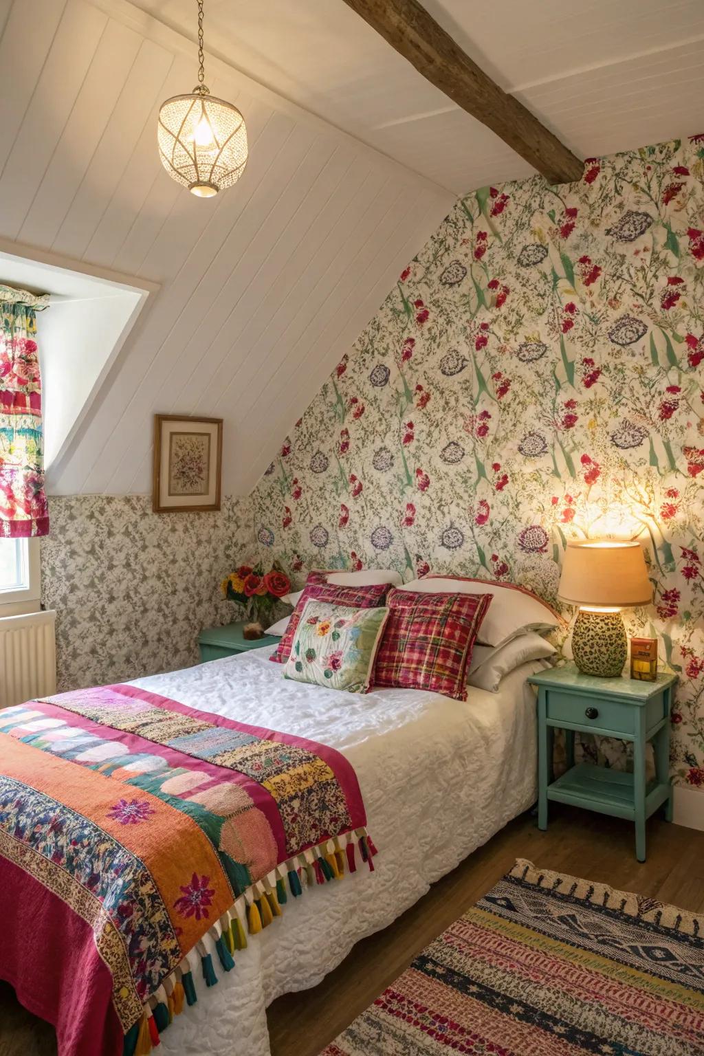 Patterns bring vibrancy and charm to this cottage bedroom.