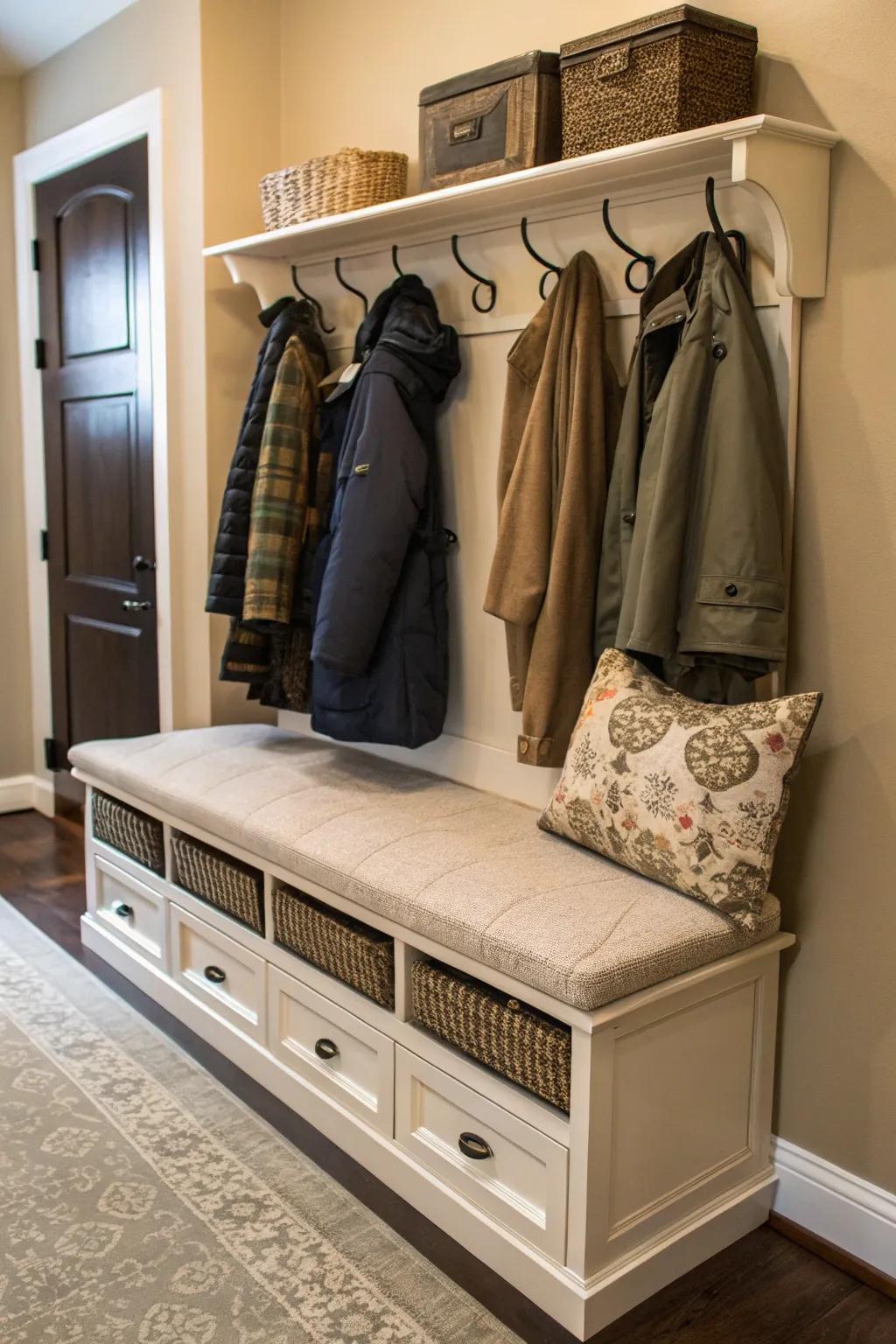 A bench with hidden hangers keeps things neat and discreet.