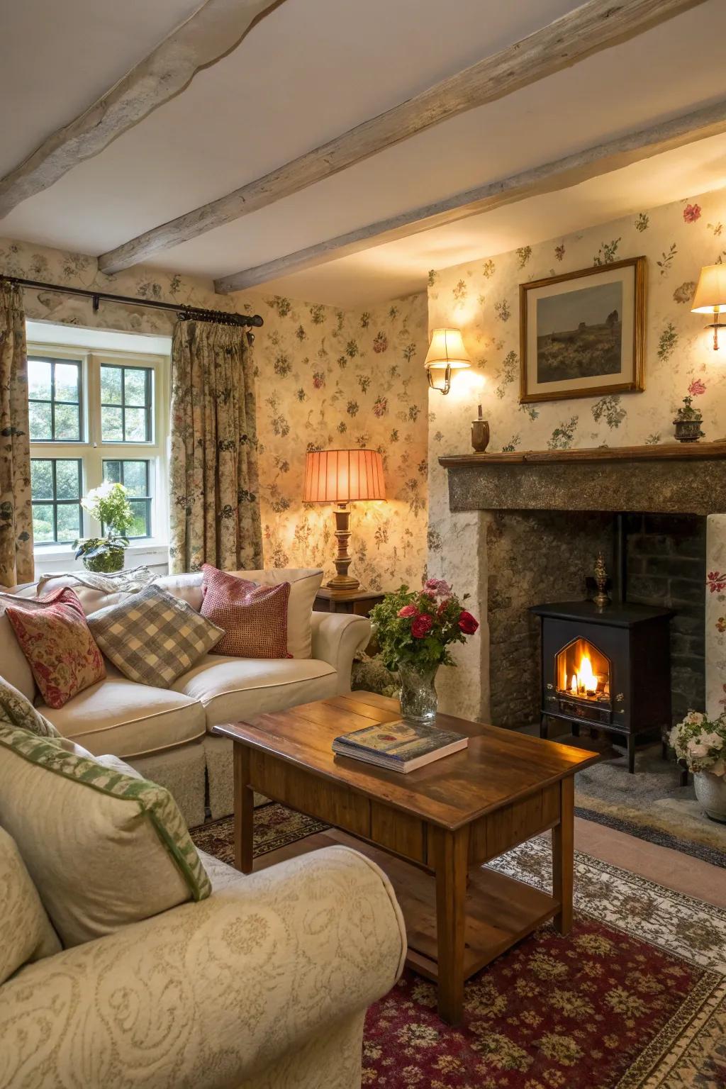 Gentle desk lamps provide warm lighting in this cozy cottage living space.