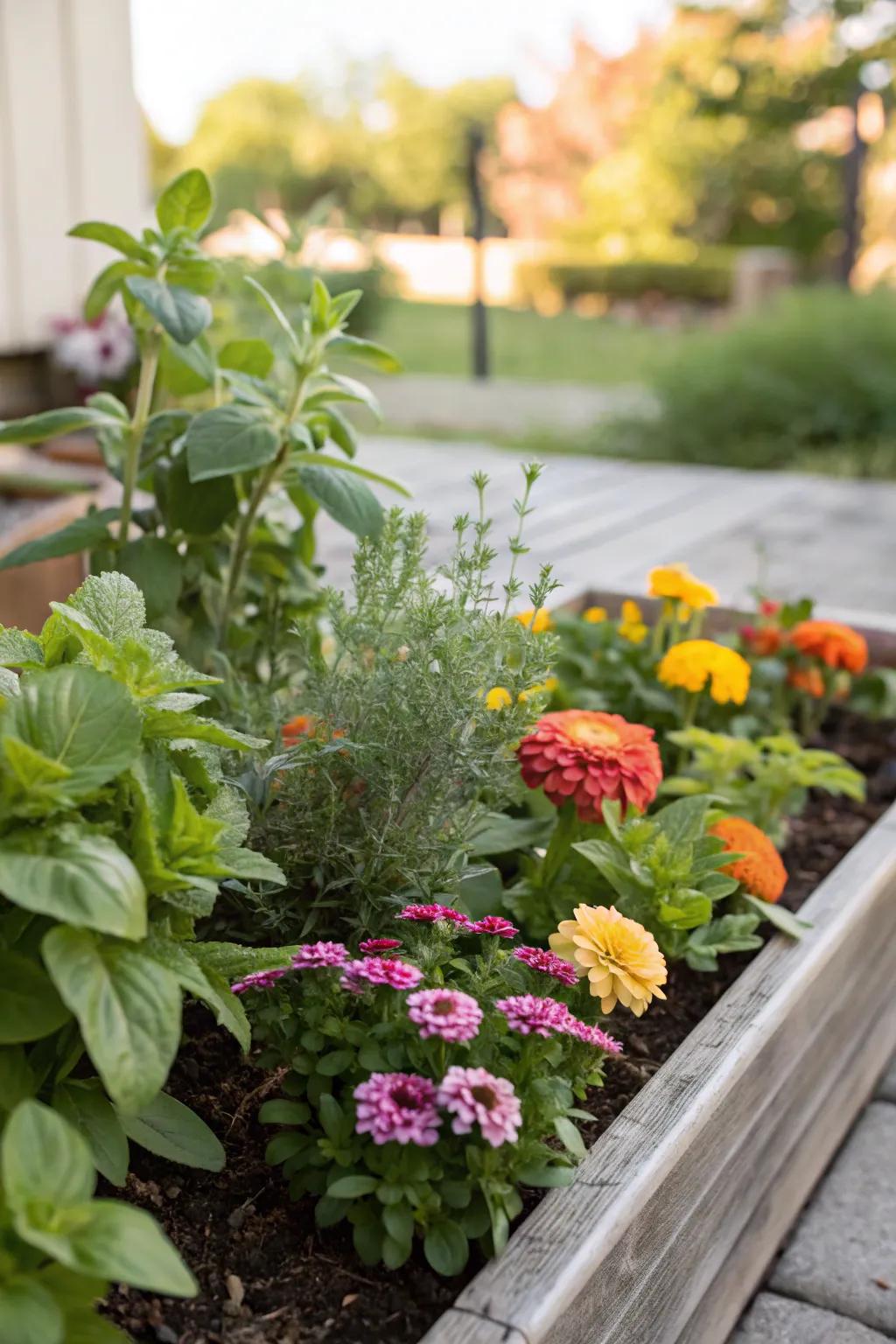 A compact flower bed featuring a delightful mix of ornamental and edible plants.