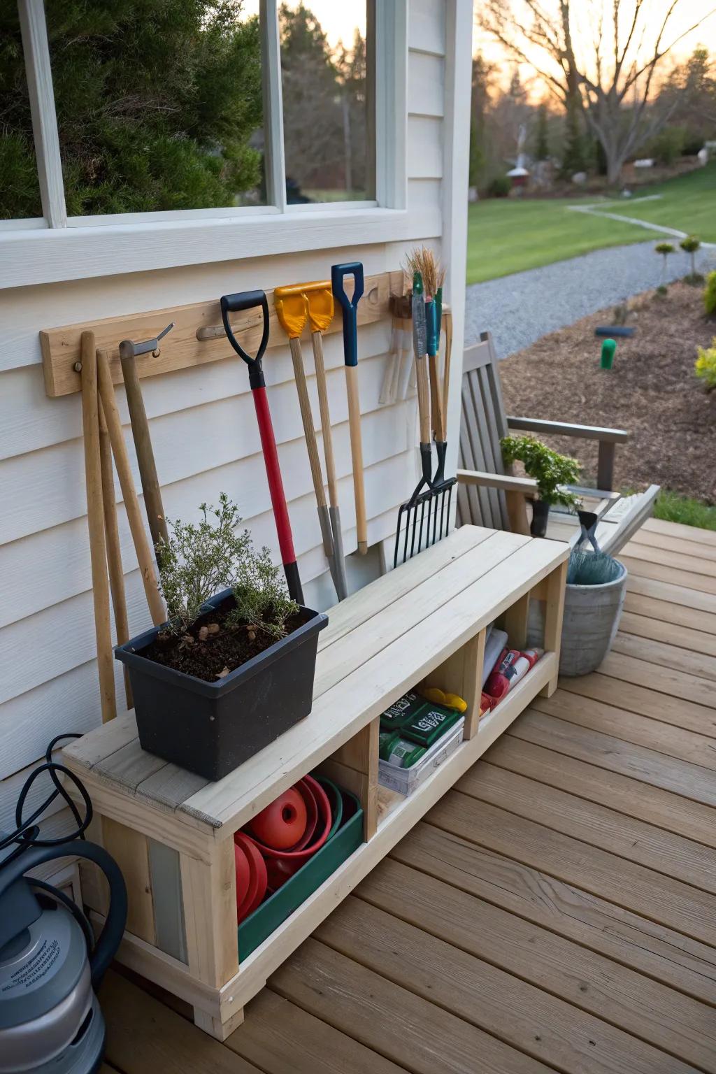A storage bench furnishes seating and space-efficient storage.