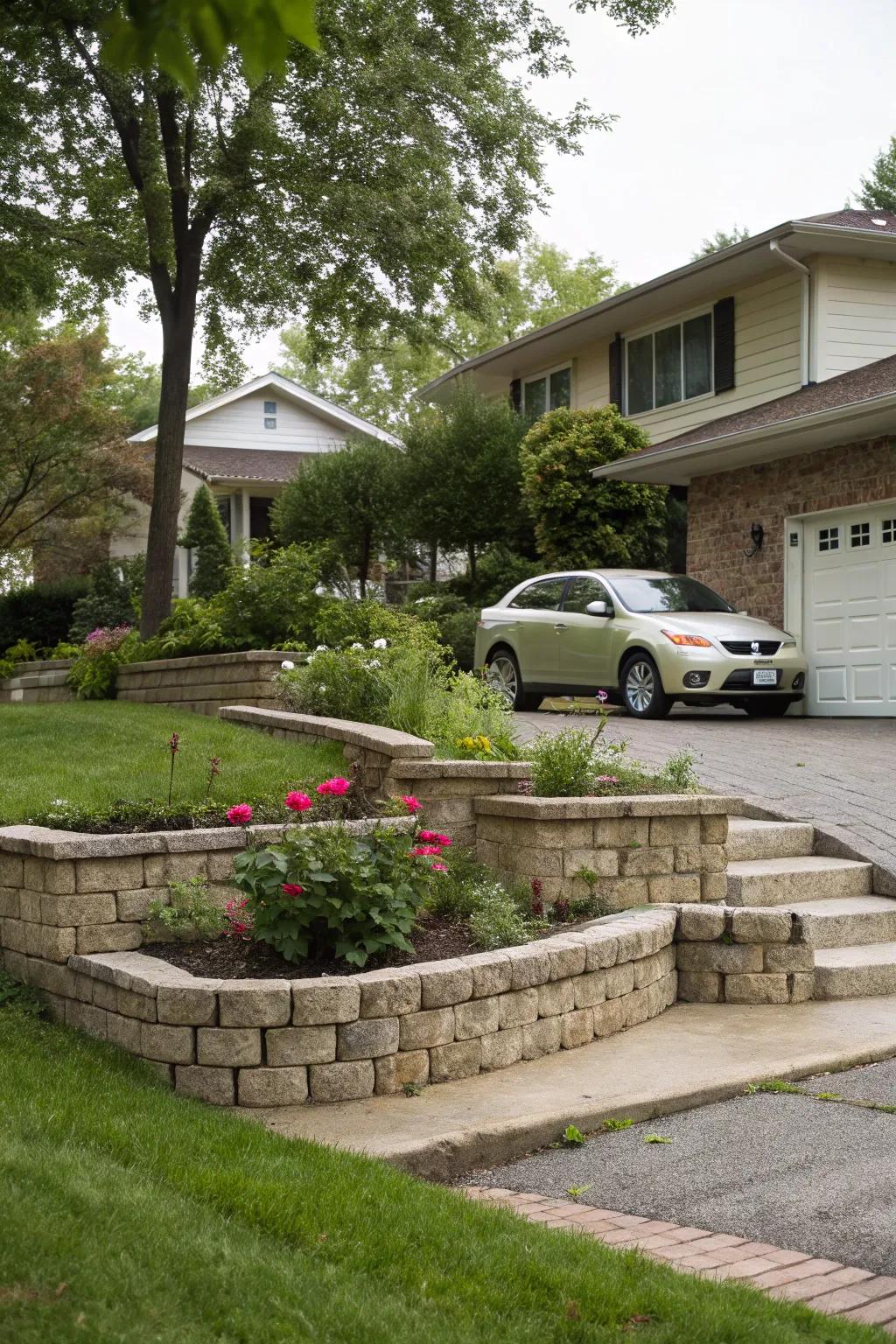 A tiered layout adds depth and structure to your front garden.