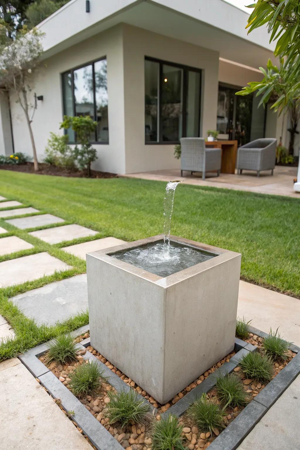 A concrete cube fountain offers sleek, modern appeal.