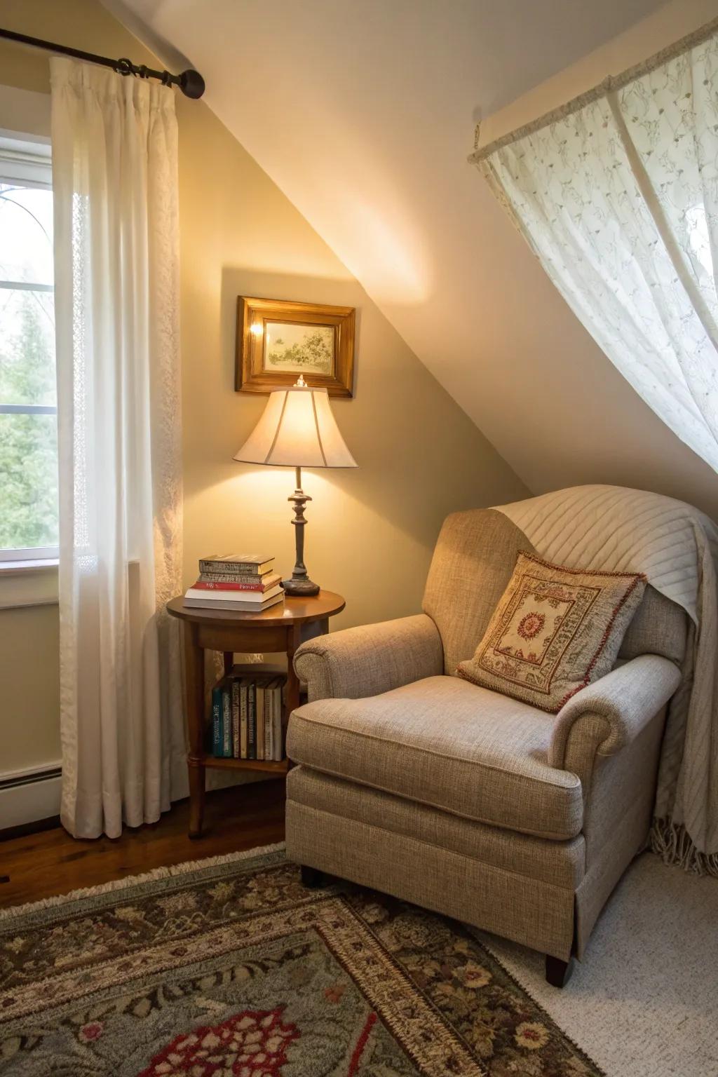 A cozy nook offers comfort and a place to relax.