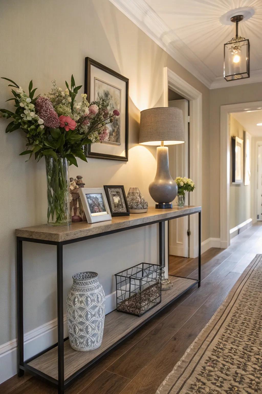 A console table introduces both style and function to a small hallway.