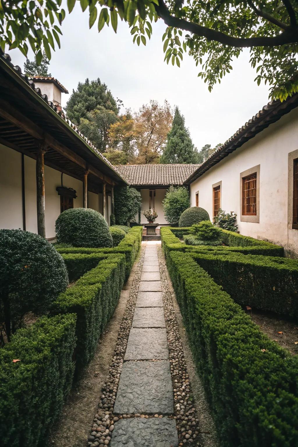 Hedges fashioning a cozy courtyard enclosure.