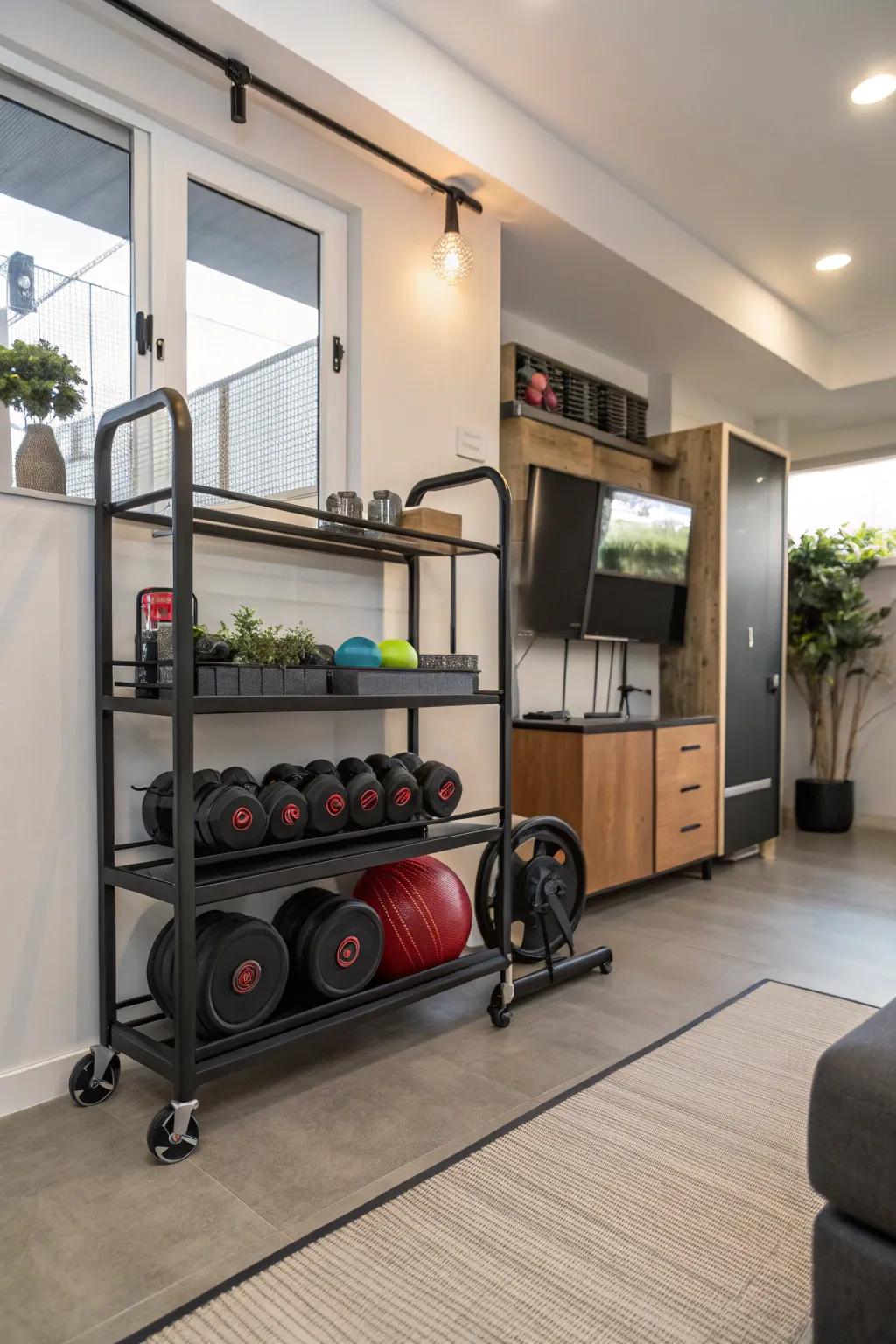 A moving cart offers convenient and adaptable storage for gym gear.