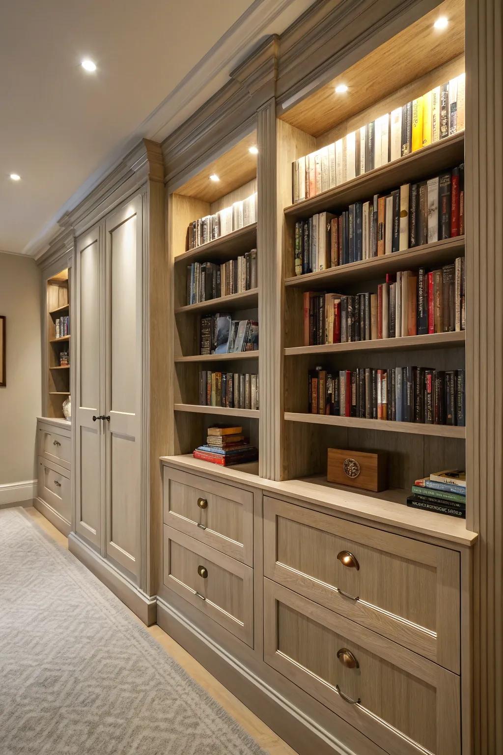 Keep your library neatly arranged through concealed storage solutions.