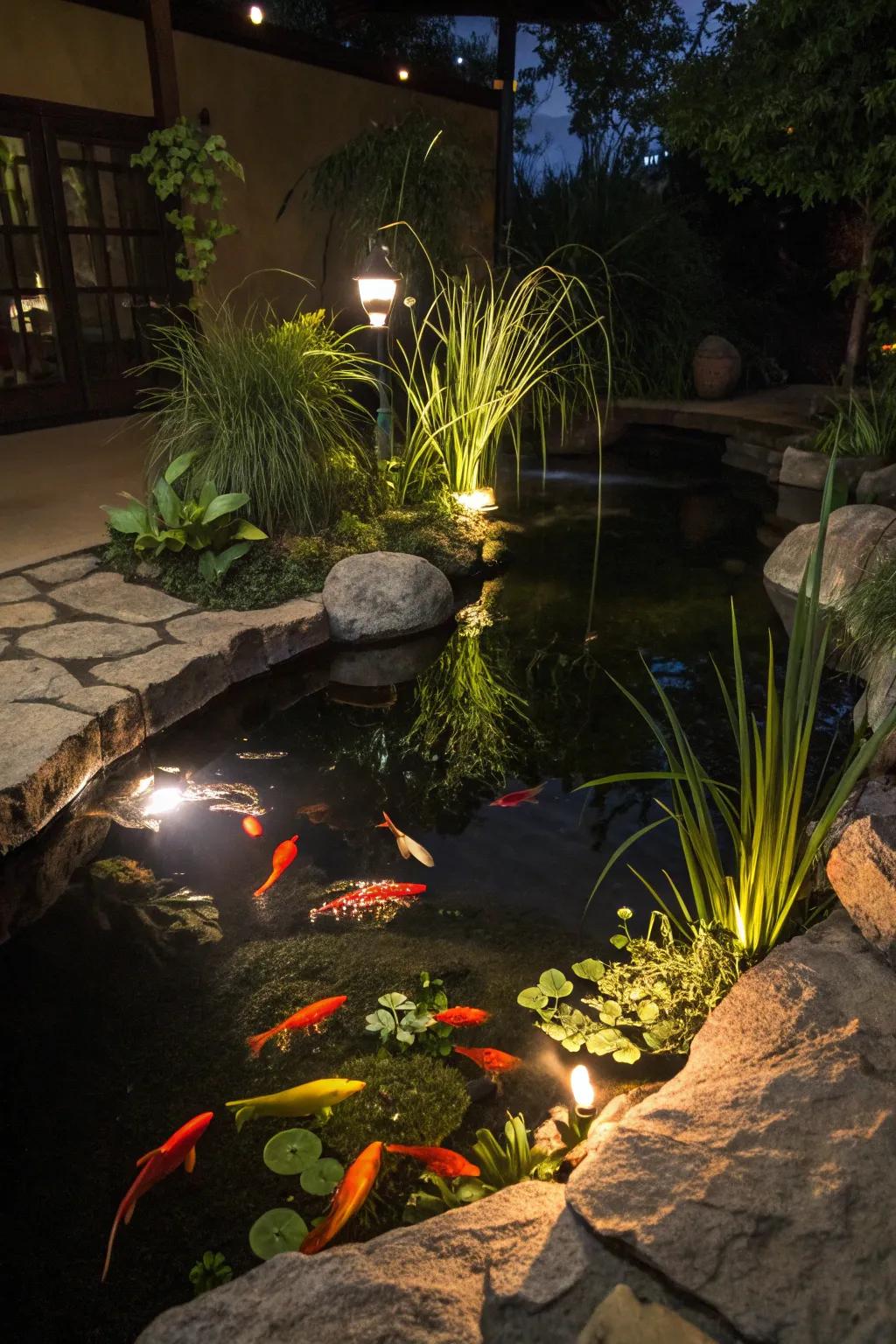 A beautifully illuminated fish haven transforms the night.