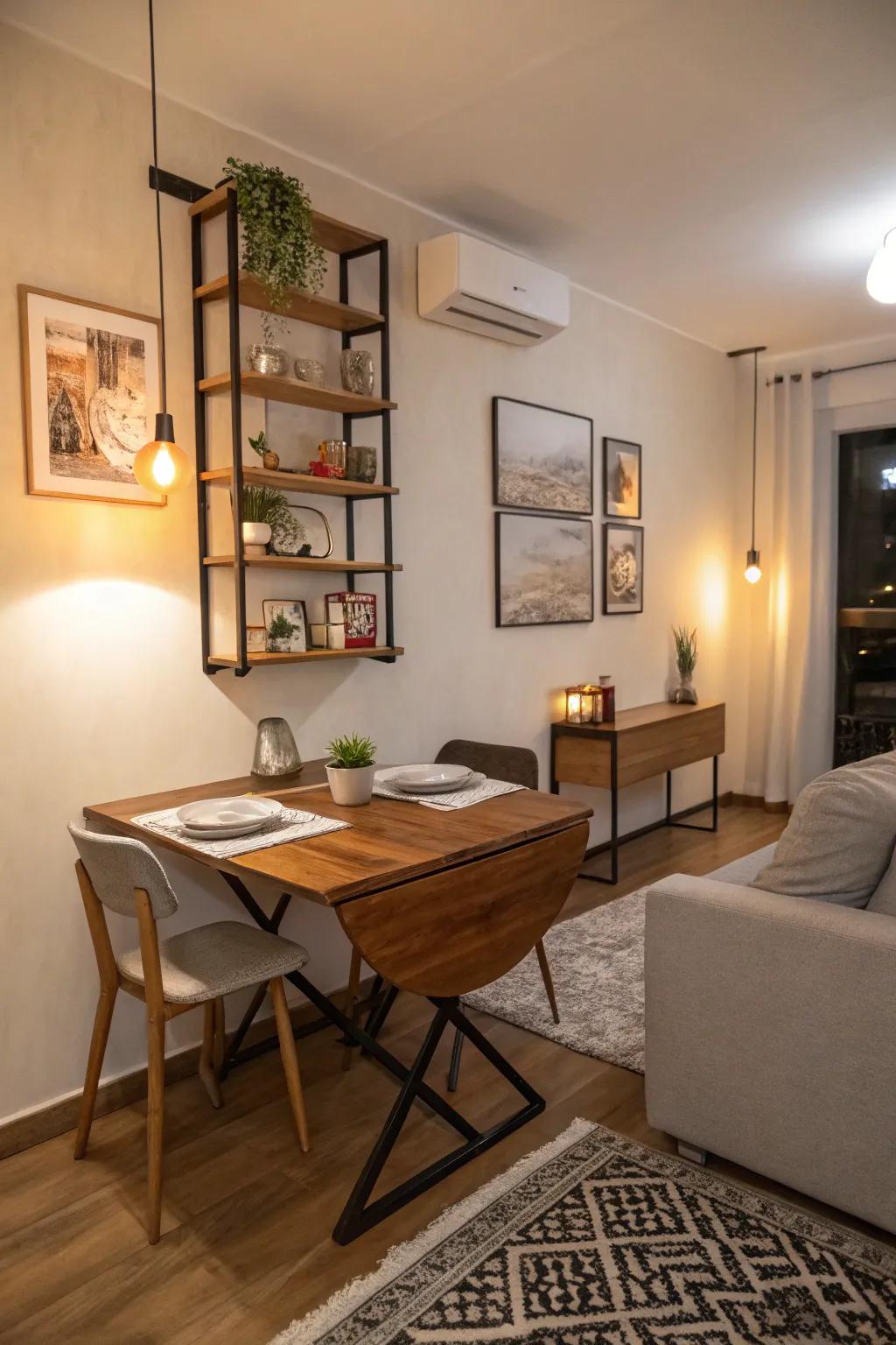 A wall-mounted dining table saves space when not in use.