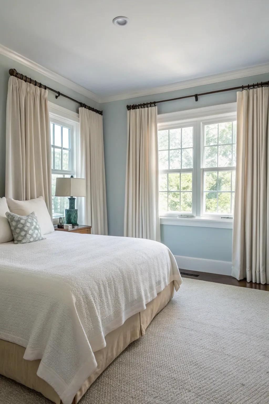 High-hung drapes create a sense of height in a small master bedroom.