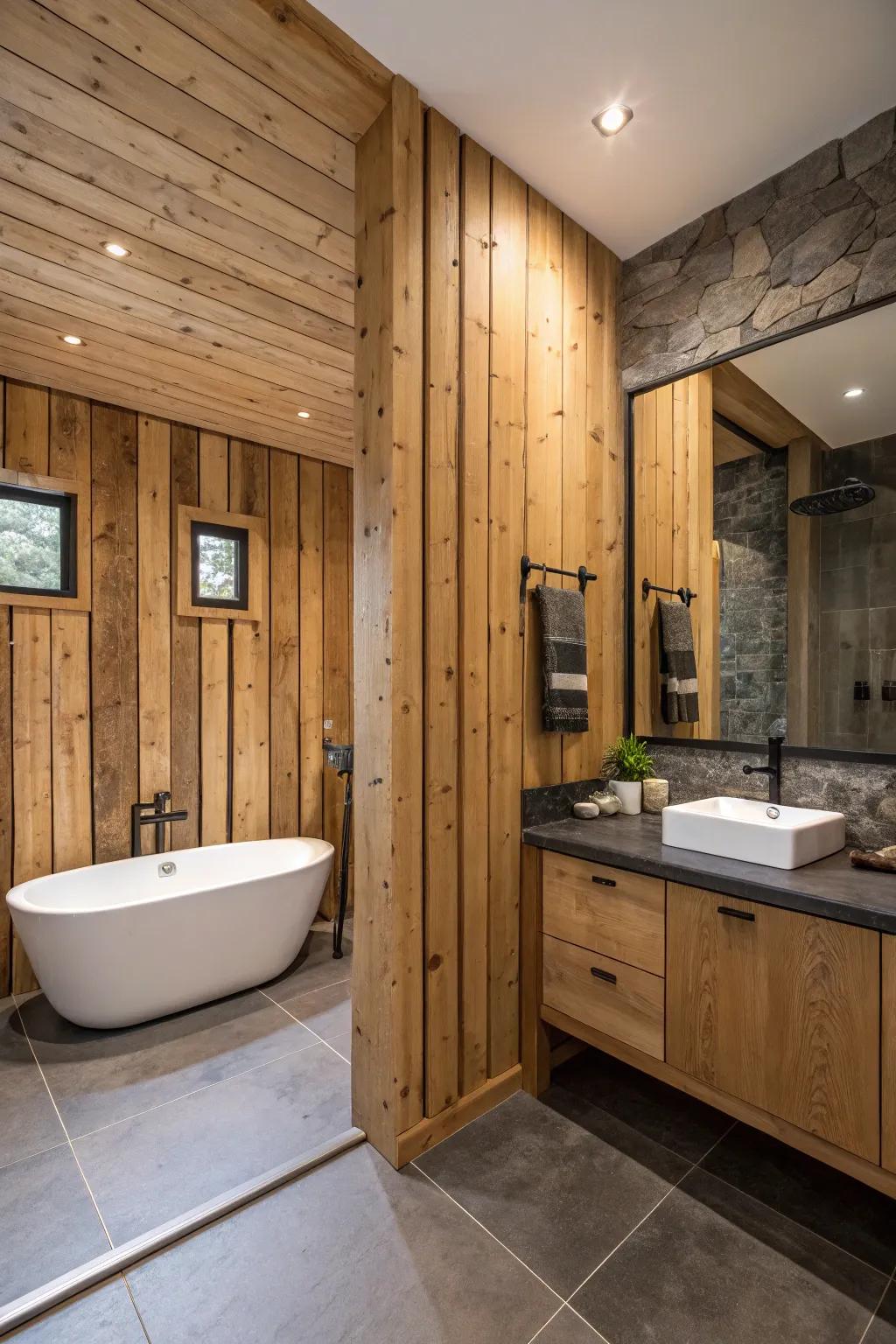 Wood walls add elegance to a country bathroom.