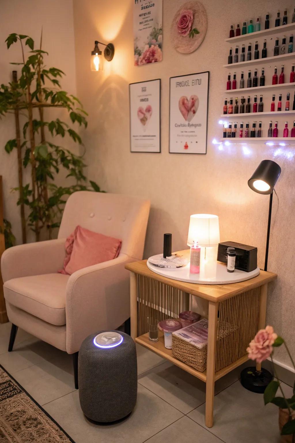 Calming sounds for a welcoming and relaxing nail room.