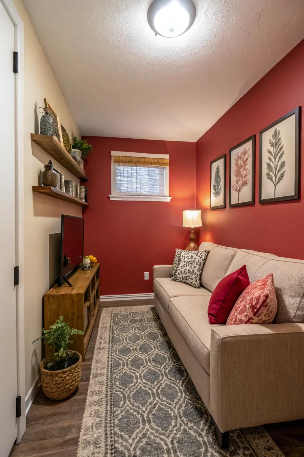 A striking accent wall introduces character without overpowering the space.