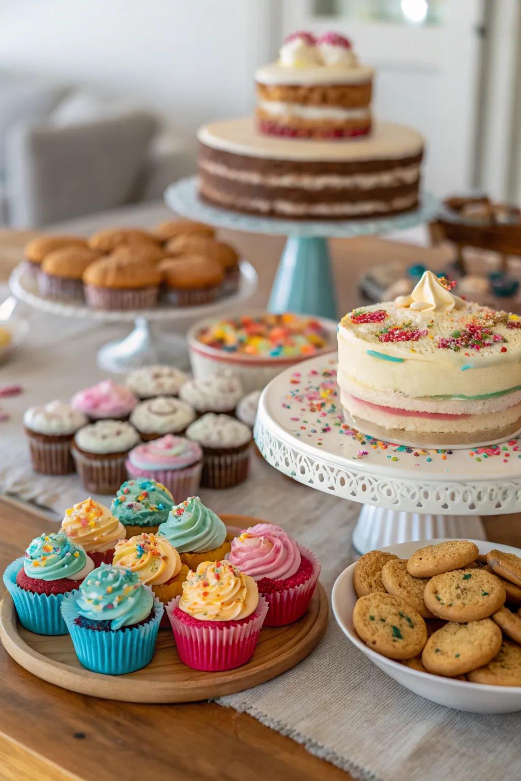 A sweet treats station arrangement with a variety of sweets and treats.