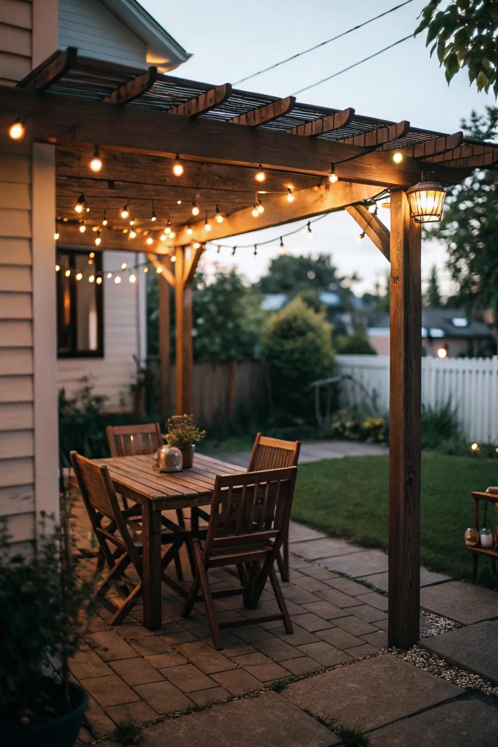 A dining alcove under a pergola provides an attractive spot for outdoor repasts.
