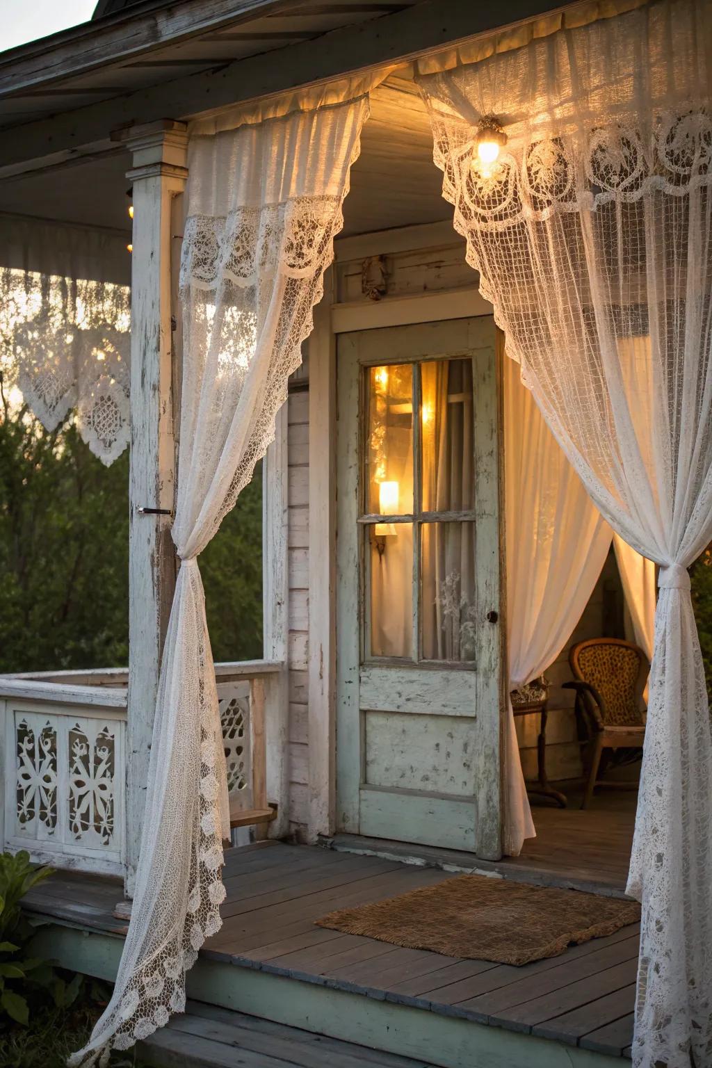 Vintage curtains deliver a timeless romantic ambiance to your porch.