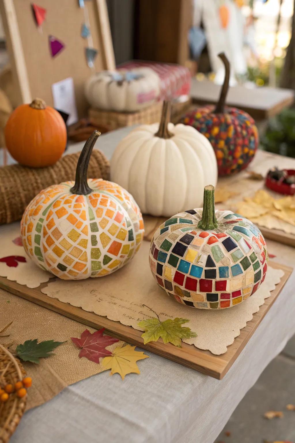 Mosaic pumpkins introduce a textured, artistic flair to fall displays.
