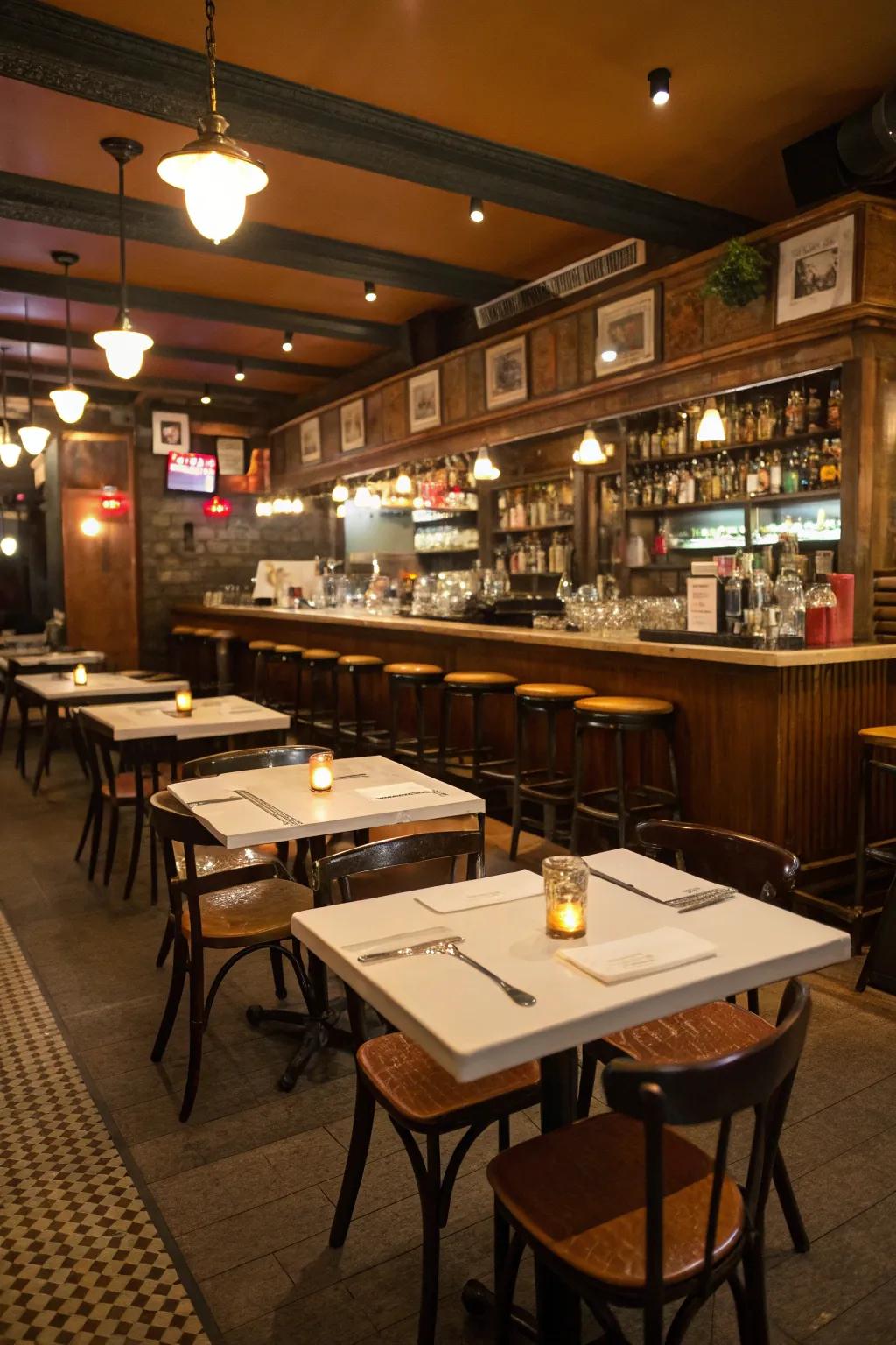 Multi-purpose furniture maximizes space in a compact restaurant bar.