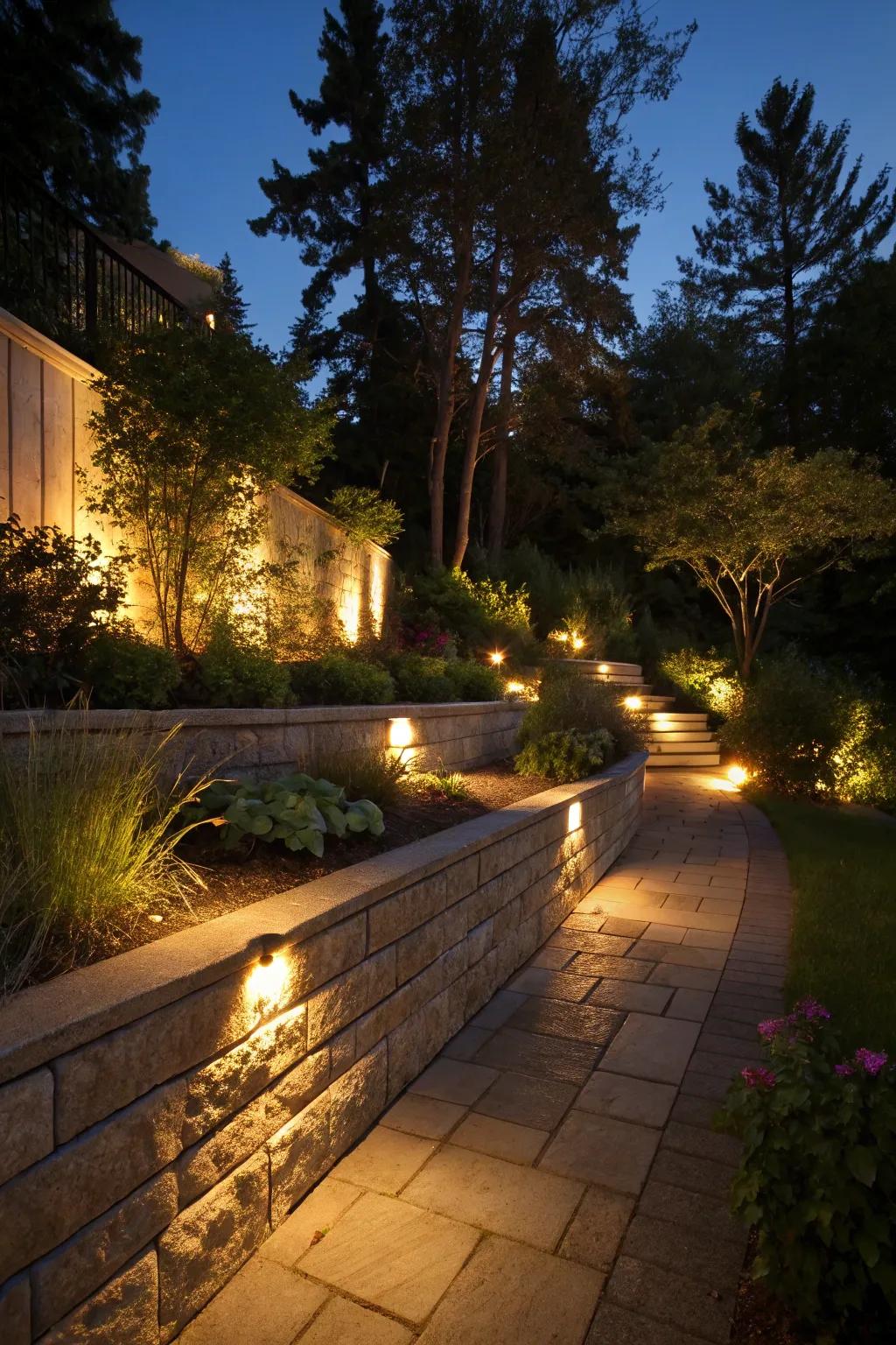 Illumination accents elevate retaining structures for magical evenings.