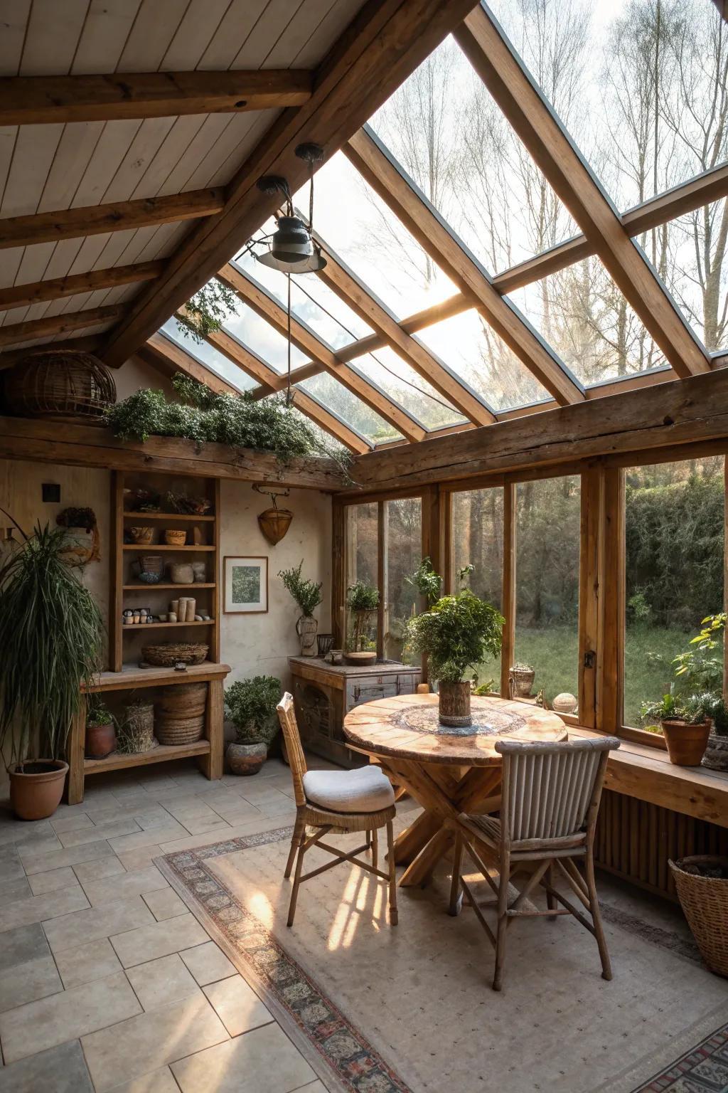 A skylight enhances natural light and adds a glow to this country-style sunroom.