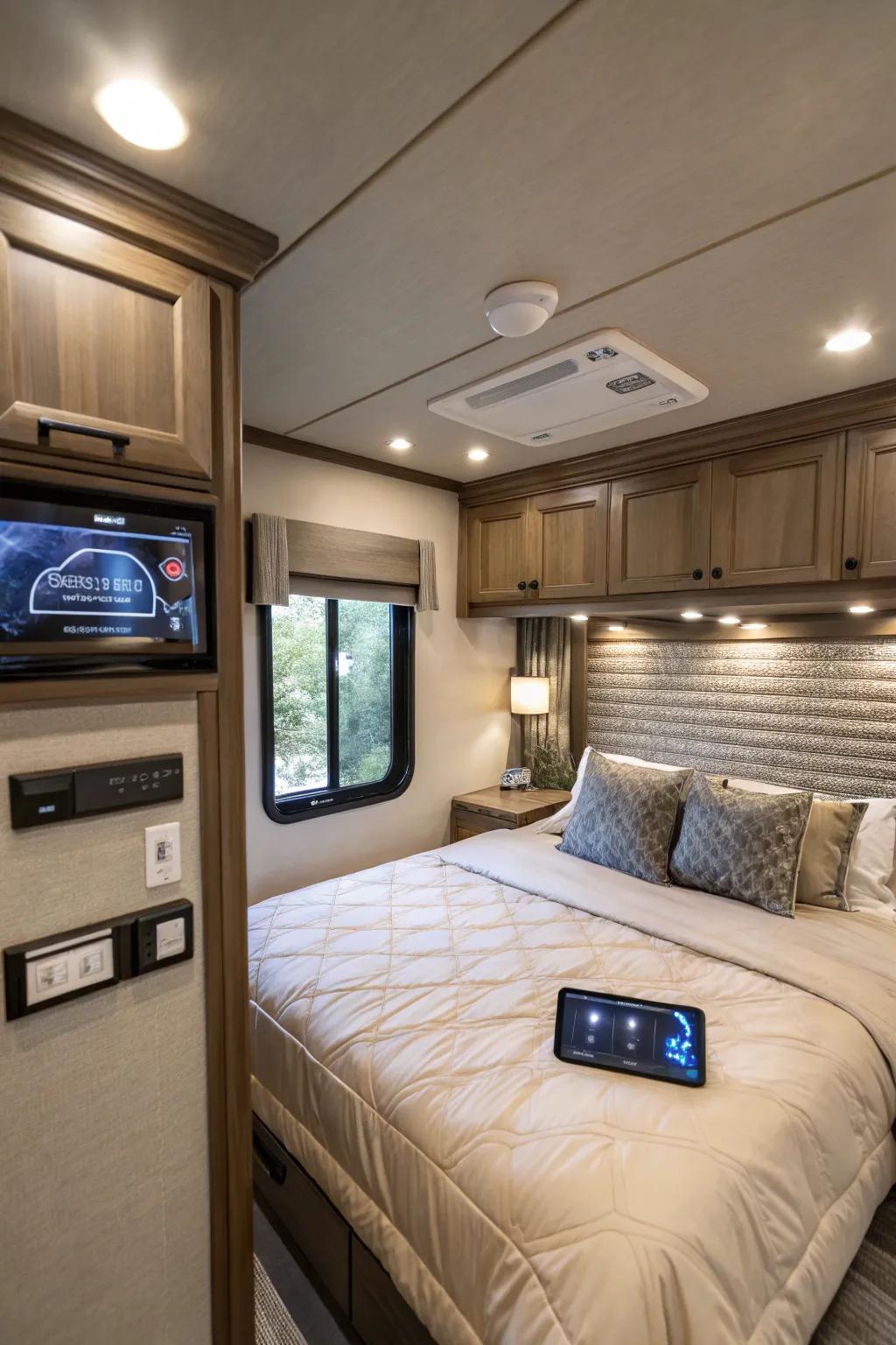 Smart technology brings convenience and modernity to your RV bedroom.