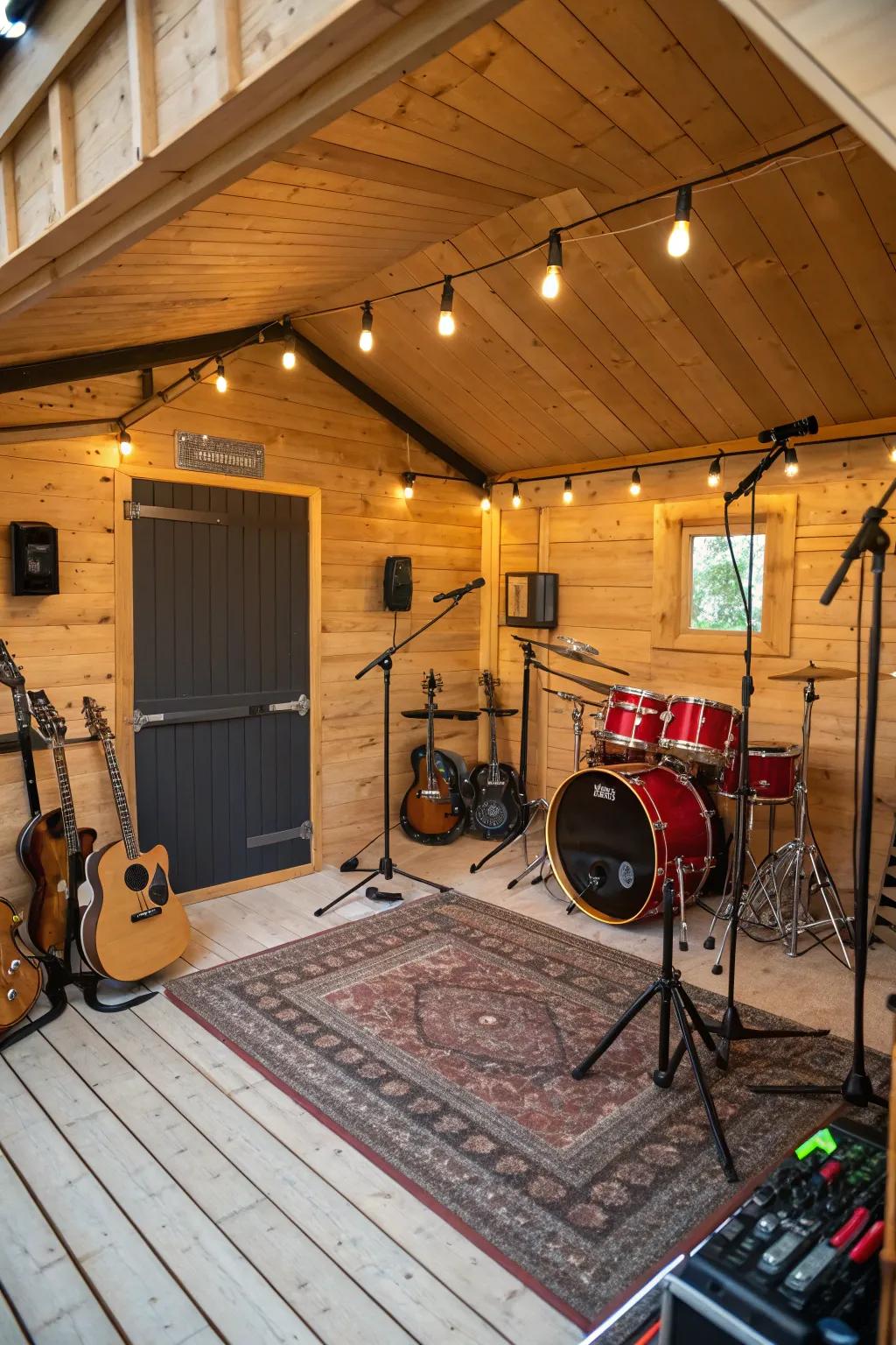 A compact music space nestled in a small shed.