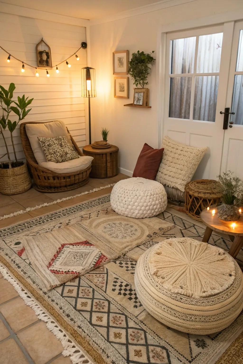 Layered ground coverings define spaces and add textural interest.