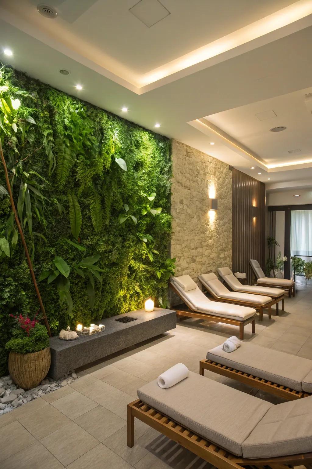 Living wall introducing nature into a spa room
